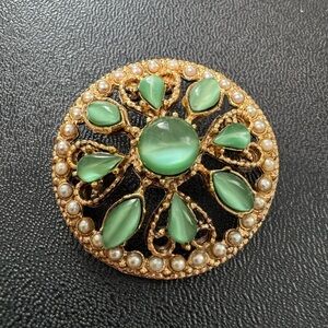 Vintage Gold Filigree, Pearl and Green Glass Cat Eye Brooch
